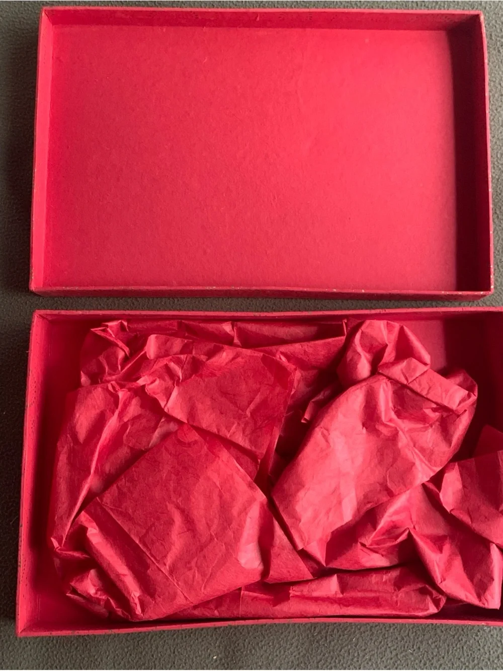 Decorative gift boxes and bag. 4 boxes, 1 bag. Red, gold, cream.